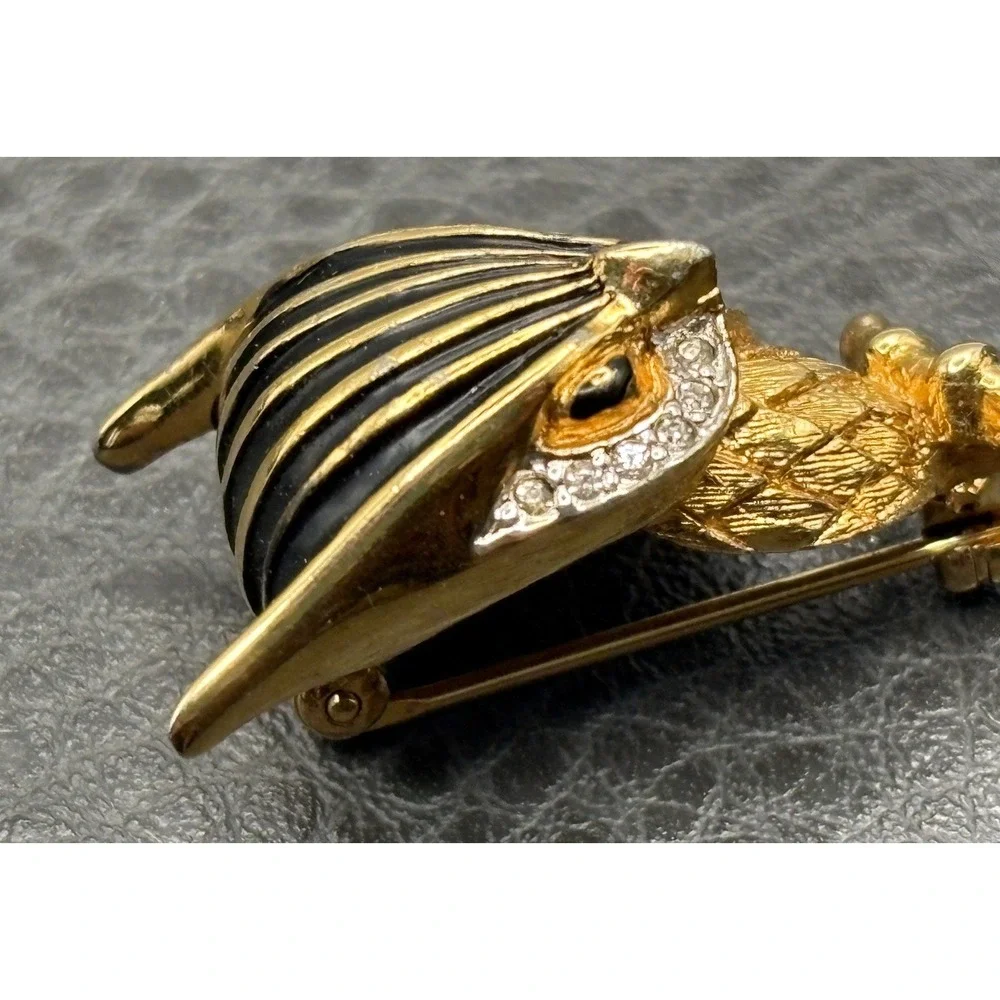 Vintage Jomaz Owl Rhinestone Black Enamel Brooch Pin Gold Tone READ